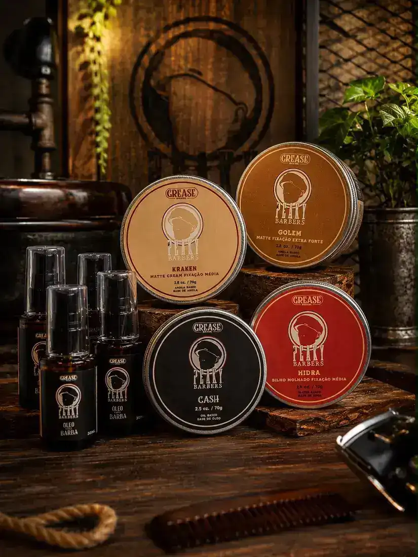 Linha de produtos Peaky Barbers: pomadas Kraken, Golem, Cash e Hidra, e óleo de barba